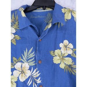 Tommy Bahama Silk Shirt Mens M Blue Floral Tropical Hawaiian Camp Button Down